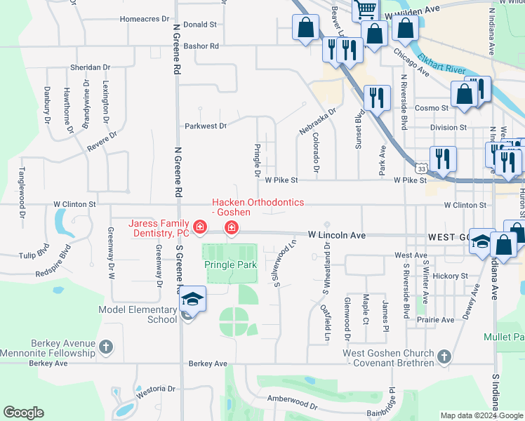 map of restaurants, bars, coffee shops, grocery stores, and more near 1831 Holly Court West in Goshen