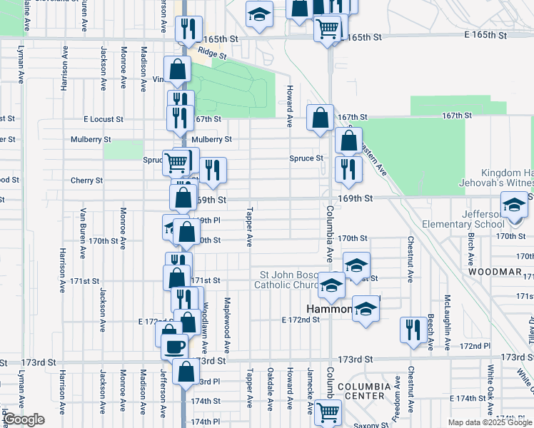 map of restaurants, bars, coffee shops, grocery stores, and more near 1023 169th Place in Hammond