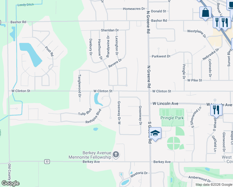 map of restaurants, bars, coffee shops, grocery stores, and more near 80 Greenway Drive West in Goshen