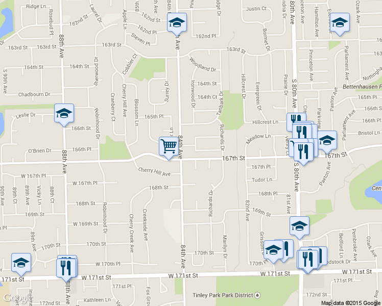 map of restaurants, bars, coffee shops, grocery stores, and more near 16648 Cynthia Court in Tinley Park