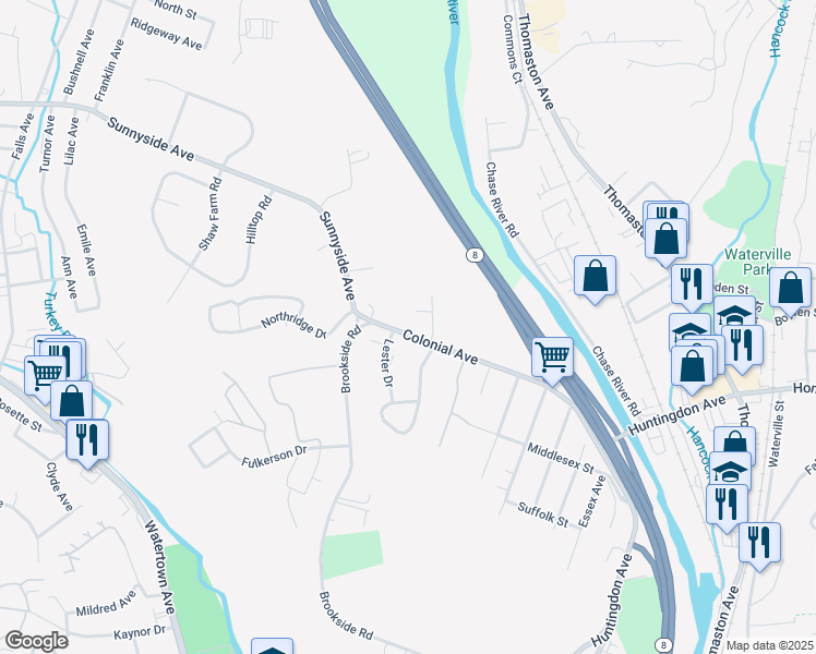 map of restaurants, bars, coffee shops, grocery stores, and more near 340 Colonial Avenue in Waterbury