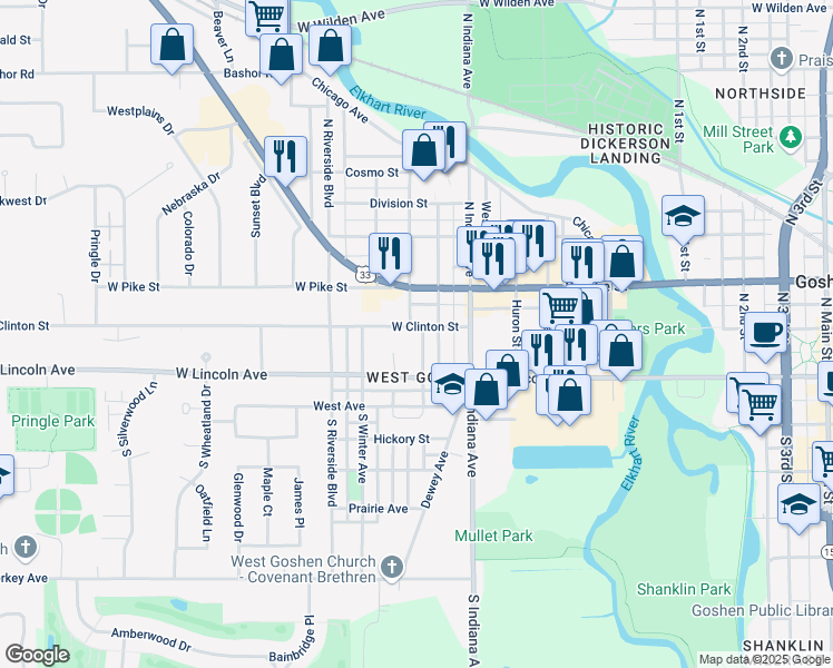 map of restaurants, bars, coffee shops, grocery stores, and more near 1206 West Clinton Street in Goshen