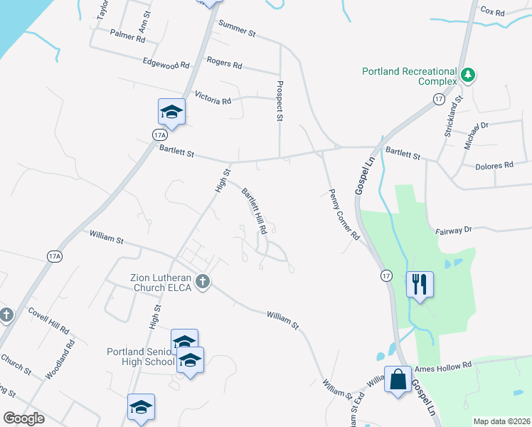 map of restaurants, bars, coffee shops, grocery stores, and more near 3 Pear Orchard Road in Portland