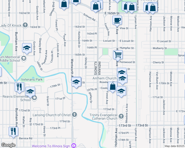 map of restaurants, bars, coffee shops, grocery stores, and more near 16 166th Place in Calumet City