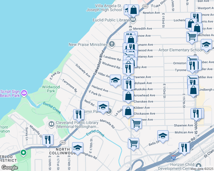 map of restaurants, bars, coffee shops, grocery stores, and more near 18020 Schenely Ave in Cleveland