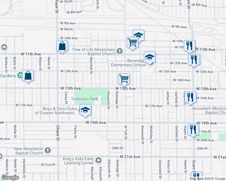 map of restaurants, bars, coffee shops, grocery stores, and more near 2417 West 15th Avenue in Gary