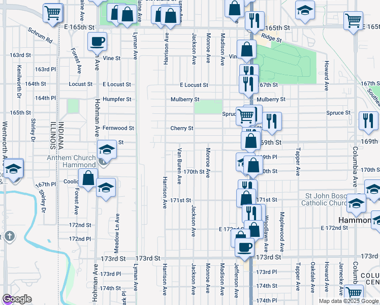 map of restaurants, bars, coffee shops, grocery stores, and more near 6921 Van Buren Avenue in Hammond