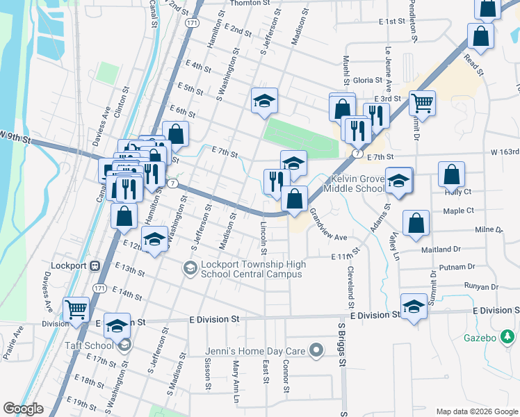 map of restaurants, bars, coffee shops, grocery stores, and more near in Lockport