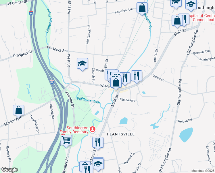 map of restaurants, bars, coffee shops, grocery stores, and more near 19 West Main Street in Southington