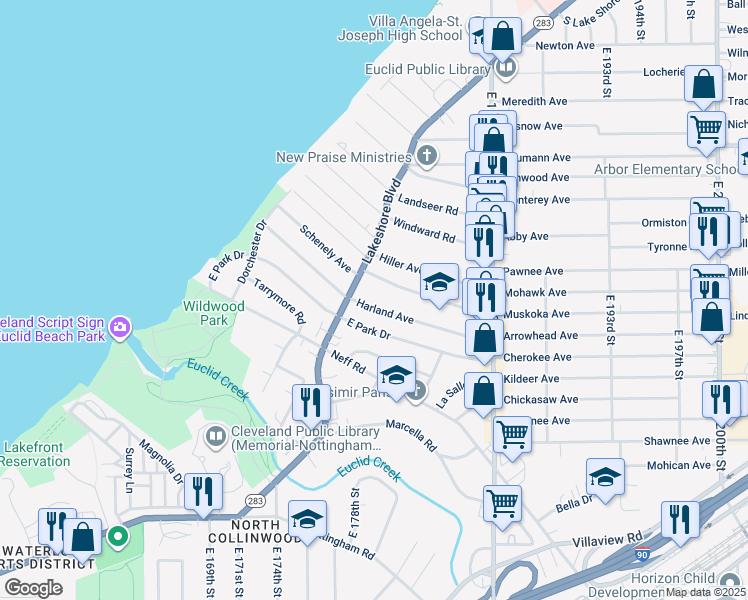 map of restaurants, bars, coffee shops, grocery stores, and more near 17825 Harland Ave in Cleveland