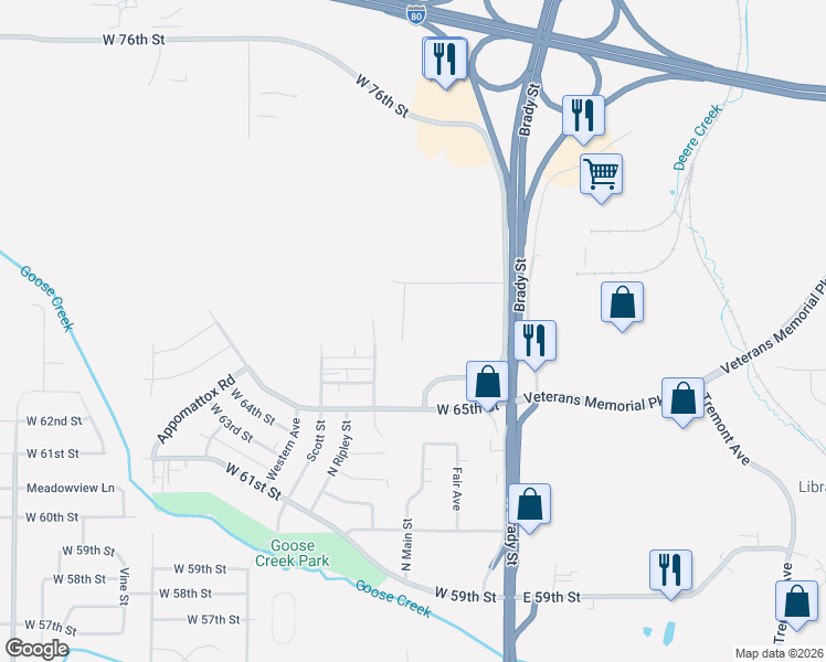 map of restaurants, bars, coffee shops, grocery stores, and more near 6523 North Main Street in Davenport