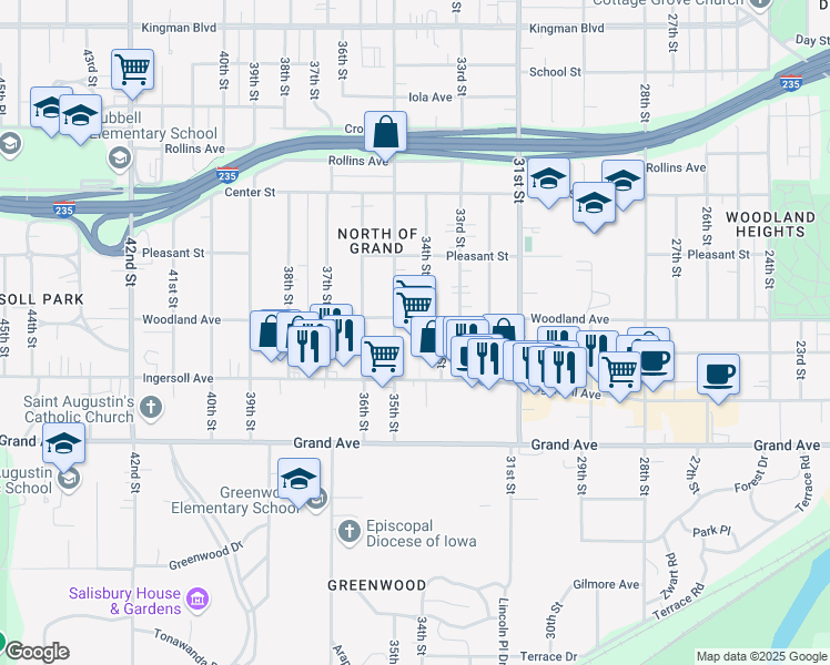 map of restaurants, bars, coffee shops, grocery stores, and more near 3425 Ingersoll Avenue in Des Moines