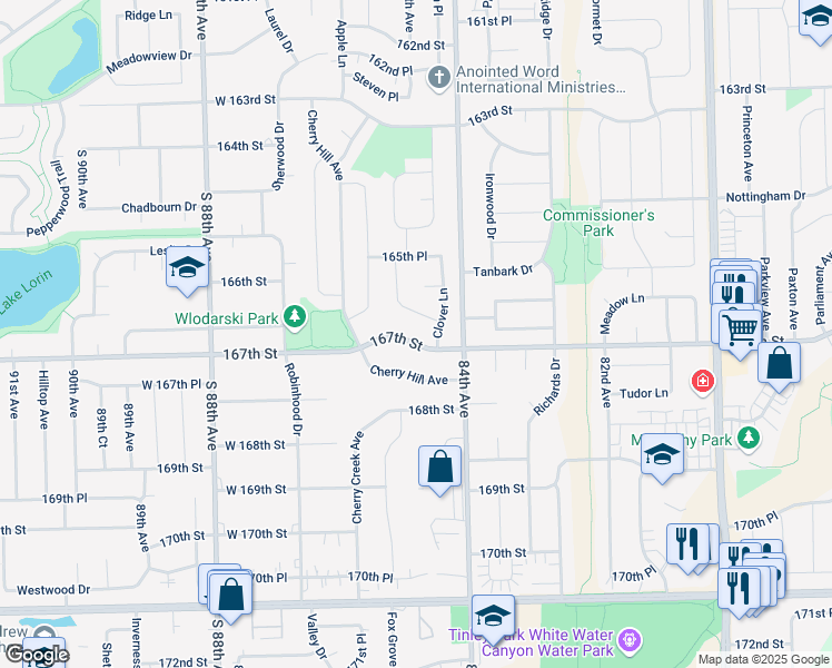 map of restaurants, bars, coffee shops, grocery stores, and more near 8444 167th Street in Tinley Park