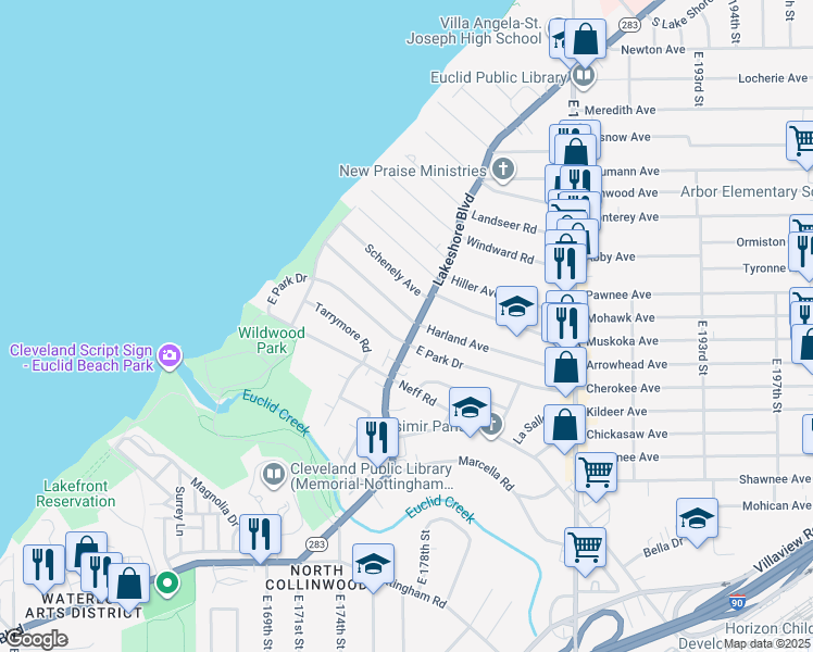 map of restaurants, bars, coffee shops, grocery stores, and more near 17901 Lakeshore Boulevard in Cleveland