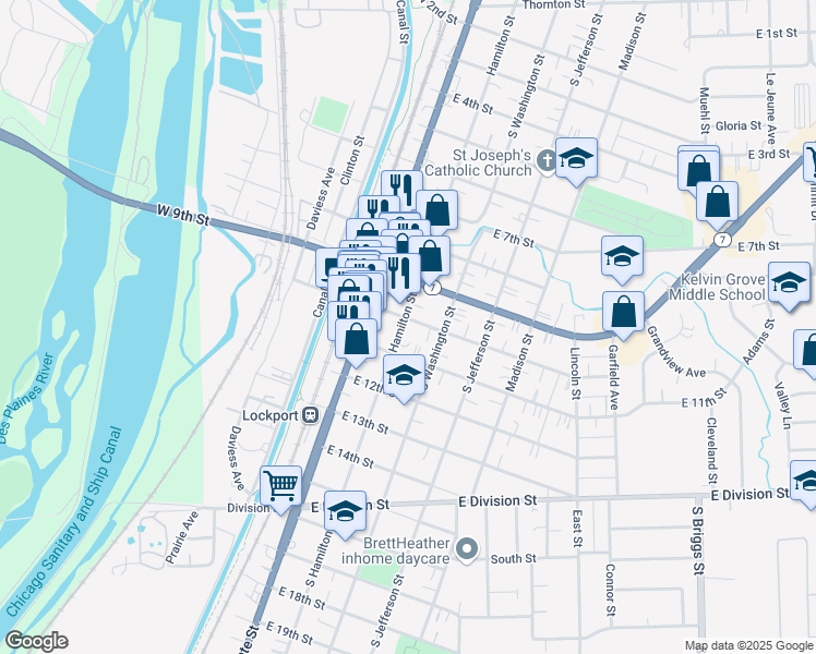 map of restaurants, bars, coffee shops, grocery stores, and more near 223 East 10th Street in Lockport