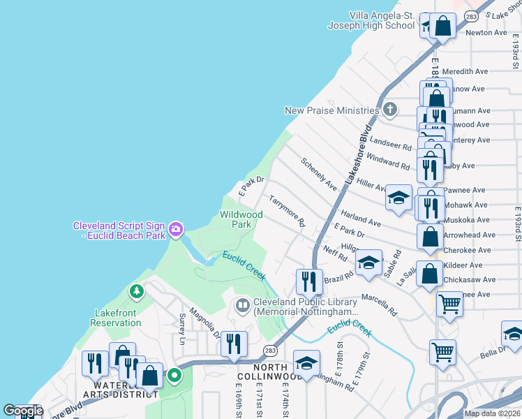 map of restaurants, bars, coffee shops, grocery stores, and more near 17000 Dorchester Drive in Cleveland