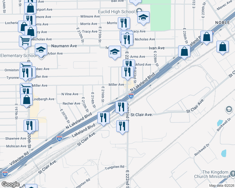 map of restaurants, bars, coffee shops, grocery stores, and more near 954 East 220th Street in Euclid
