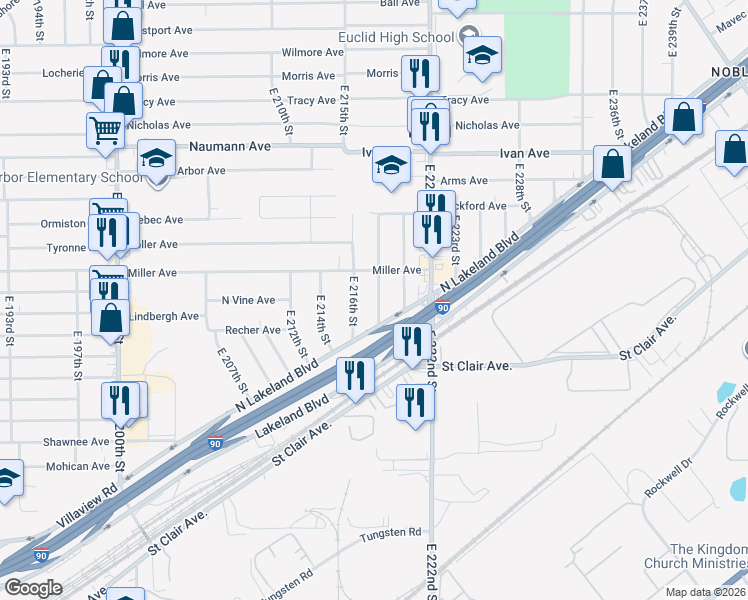 map of restaurants, bars, coffee shops, grocery stores, and more near 926 East 218th Street in Euclid