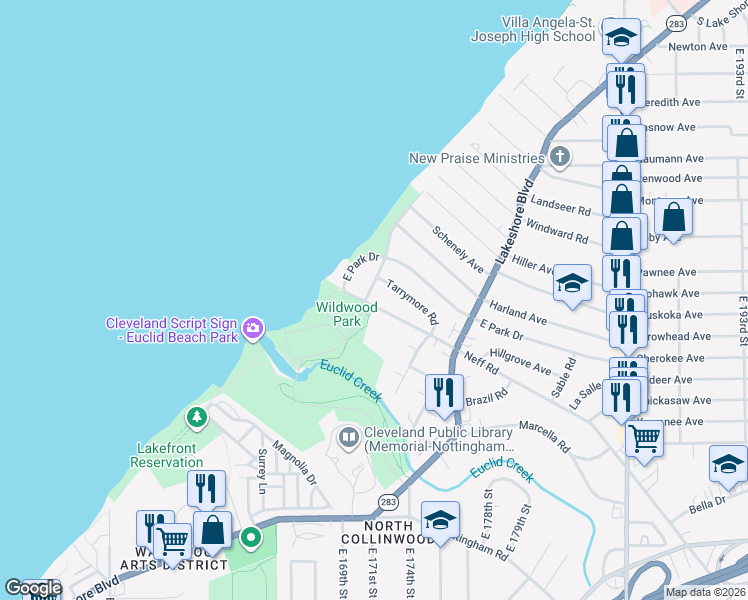 map of restaurants, bars, coffee shops, grocery stores, and more near 17000 Dorchester Drive in Cleveland