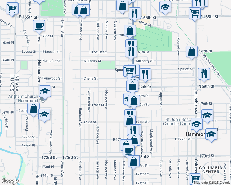 map of restaurants, bars, coffee shops, grocery stores, and more near 6920 Madison Avenue in Hammond