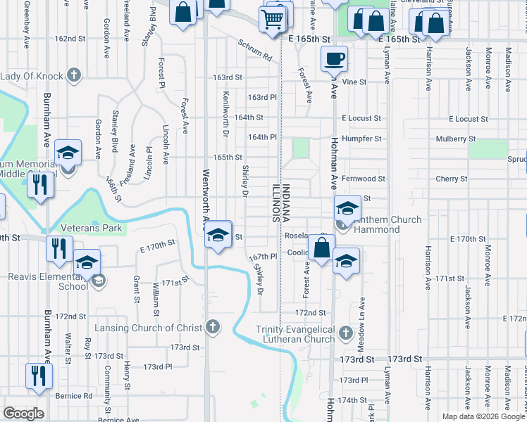 map of restaurants, bars, coffee shops, grocery stores, and more near 16 166th Place in Calumet City