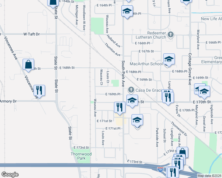 map of restaurants, bars, coffee shops, grocery stores, and more near 308 East 169th Place in South Holland