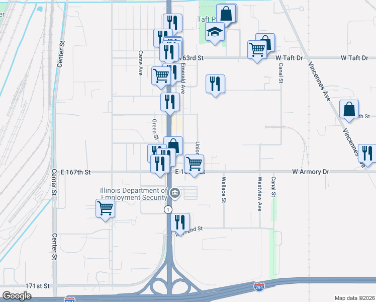 map of restaurants, bars, coffee shops, grocery stores, and more near 16616 Union Avenue in Harvey