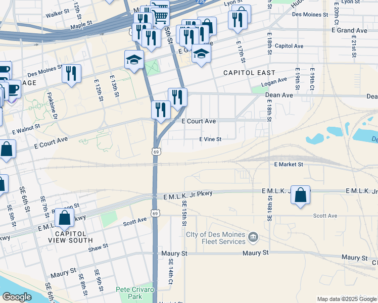 map of restaurants, bars, coffee shops, grocery stores, and more near 112 Southeast 15th Court in Des Moines