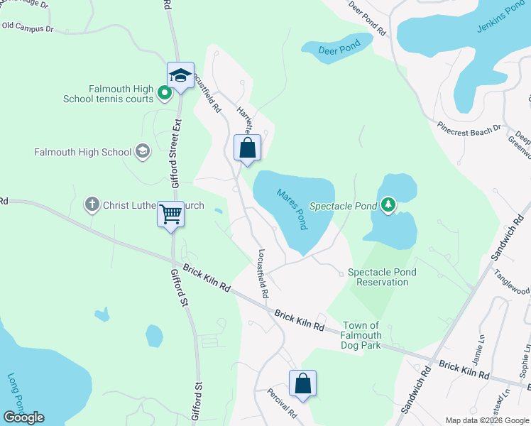 map of restaurants, bars, coffee shops, grocery stores, and more near 17 Mares Pond Drive in Falmouth