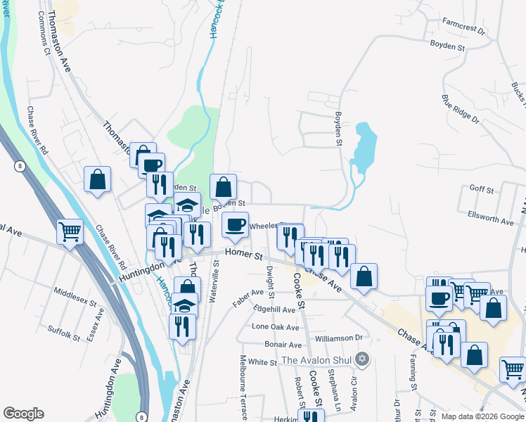 map of restaurants, bars, coffee shops, grocery stores, and more near 61 Wheeler Street in Waterbury