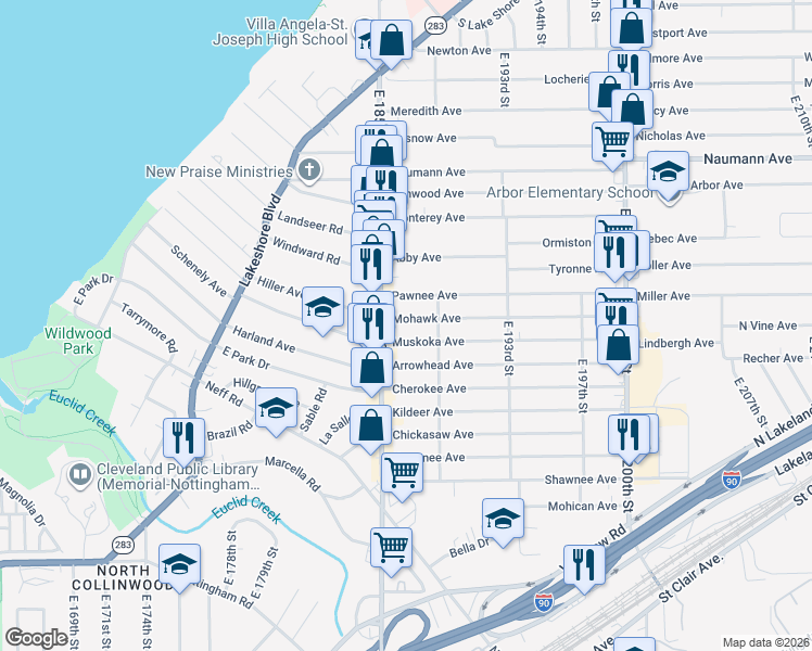 map of restaurants, bars, coffee shops, grocery stores, and more near 18603 Muskoka Avenue in Cleveland