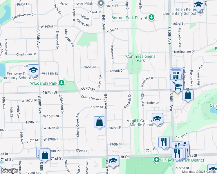 map of restaurants, bars, coffee shops, grocery stores, and more near 16648 Cynthia Court in Tinley Park