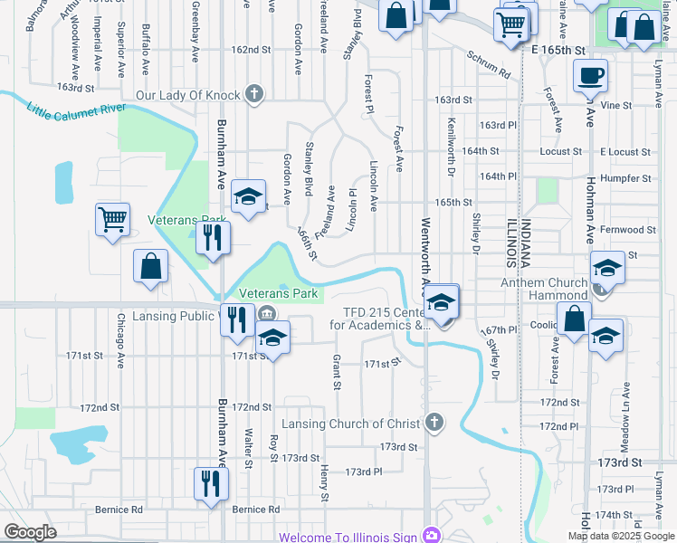 map of restaurants, bars, coffee shops, grocery stores, and more near 341 166th Street in Calumet City