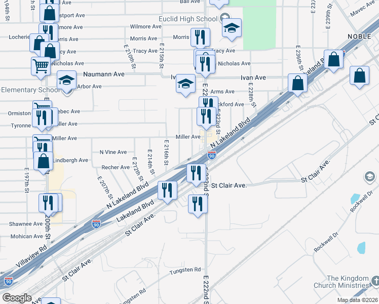 map of restaurants, bars, coffee shops, grocery stores, and more near 954 East 220th Street in Euclid