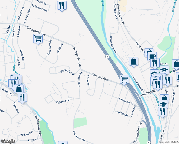 map of restaurants, bars, coffee shops, grocery stores, and more near 340 Colonial Avenue in Waterbury