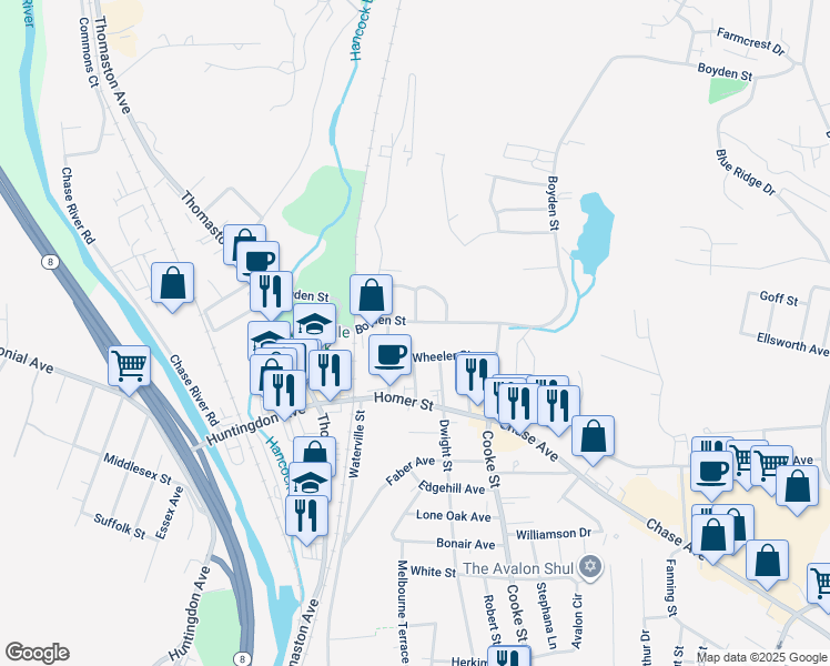 map of restaurants, bars, coffee shops, grocery stores, and more near 208 Boyden Street in Waterbury