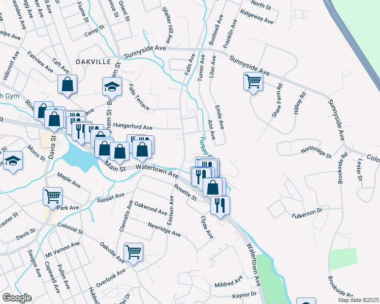 map of restaurants, bars, coffee shops, grocery stores, and more near 18 Falls Avenue in Watertown