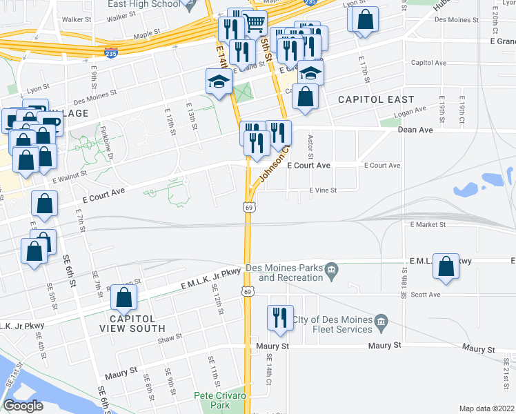 map of restaurants, bars, coffee shops, grocery stores, and more near 101 Johnson Court in Des Moines