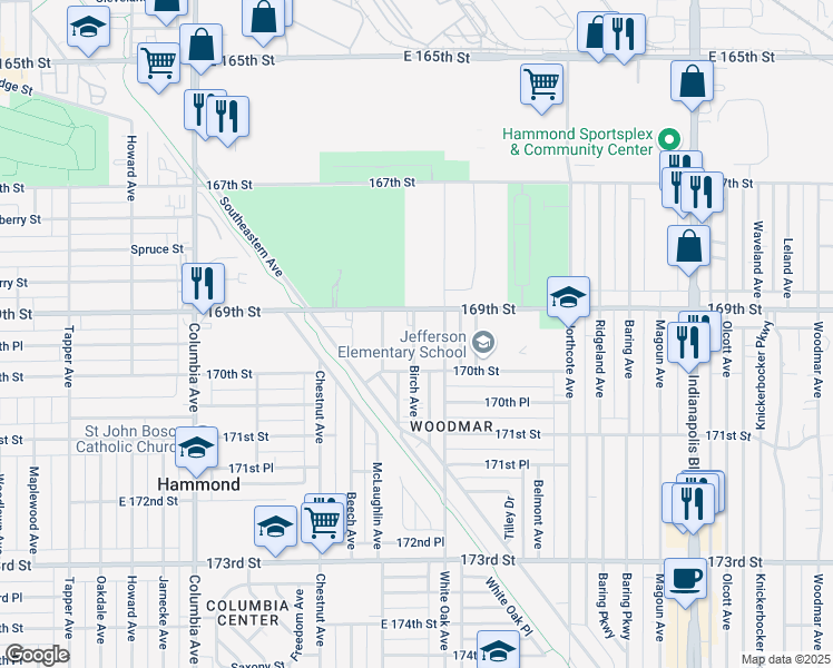 map of restaurants, bars, coffee shops, grocery stores, and more near 6922 Birch Avenue in Hammond