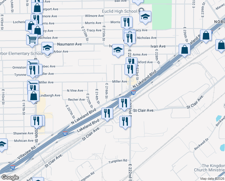 map of restaurants, bars, coffee shops, grocery stores, and more near 926 East 218th Street in Euclid