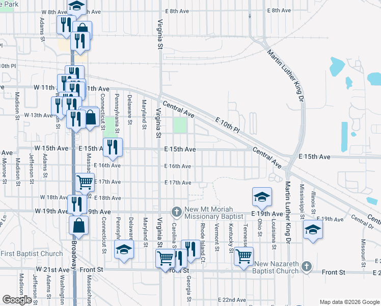 map of restaurants, bars, coffee shops, grocery stores, and more near 1529 Georgia St in Gary