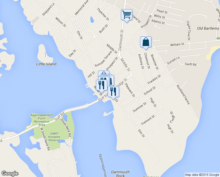 map of restaurants, bars, coffee shops, grocery stores, and more near 329 Elm Street in Dartmouth