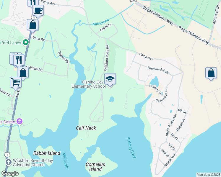 map of restaurants, bars, coffee shops, grocery stores, and more near 110 Wickford Point Road in North Kingstown