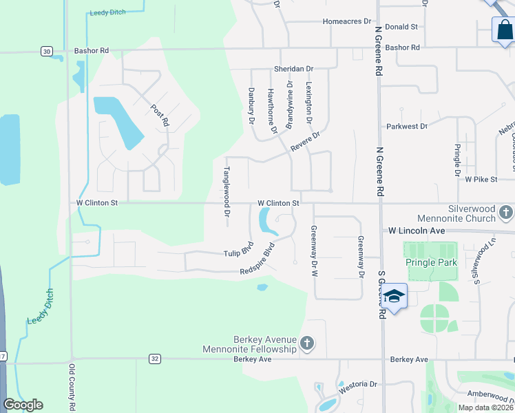 map of restaurants, bars, coffee shops, grocery stores, and more near 154 Tulip Boulevard in Goshen