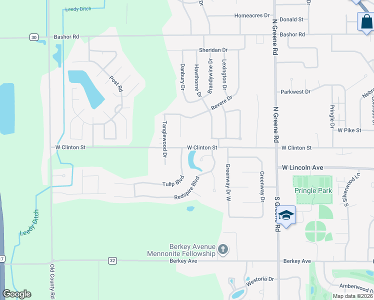 map of restaurants, bars, coffee shops, grocery stores, and more near 154 Tulip Boulevard in Goshen