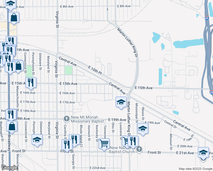 map of restaurants, bars, coffee shops, grocery stores, and more near 1512 Tennessee Street in Gary