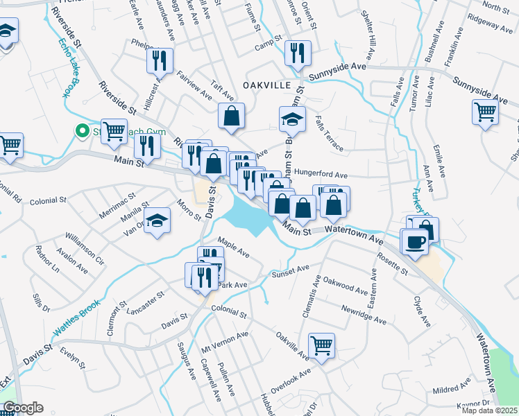 map of restaurants, bars, coffee shops, grocery stores, and more near 235 Main Street in Watertown