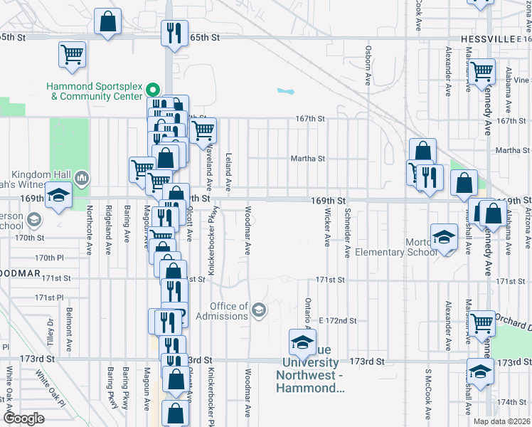 map of restaurants, bars, coffee shops, grocery stores, and more near 2200 169th Street in Hammond