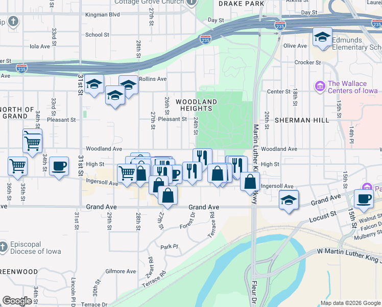 map of restaurants, bars, coffee shops, grocery stores, and more near 601 24th Street in West Des Moines
