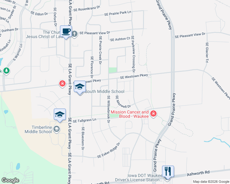 map of restaurants, bars, coffee shops, grocery stores, and more near 2350 Southeast Maxwell Drive in Waukee